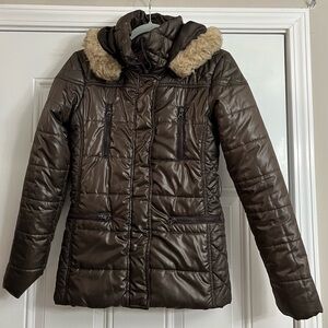 Say What? Women's Brown Jacket Long Sleeve Zip Up Hooded Puffer Jacket Size XS